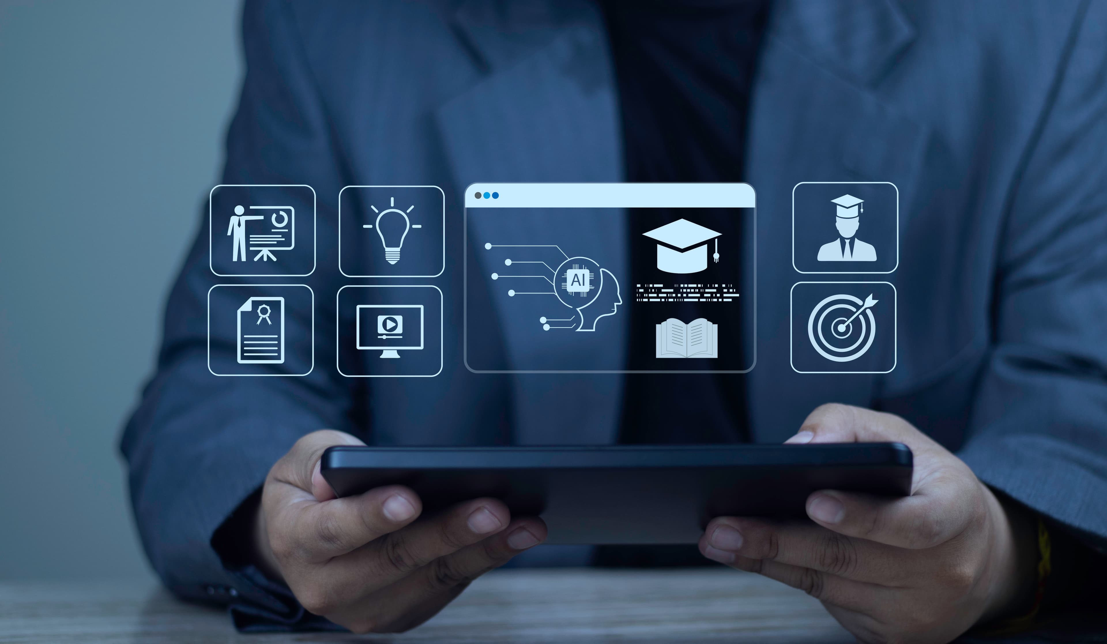 Digital learning and AI enablement interface on a dark business background