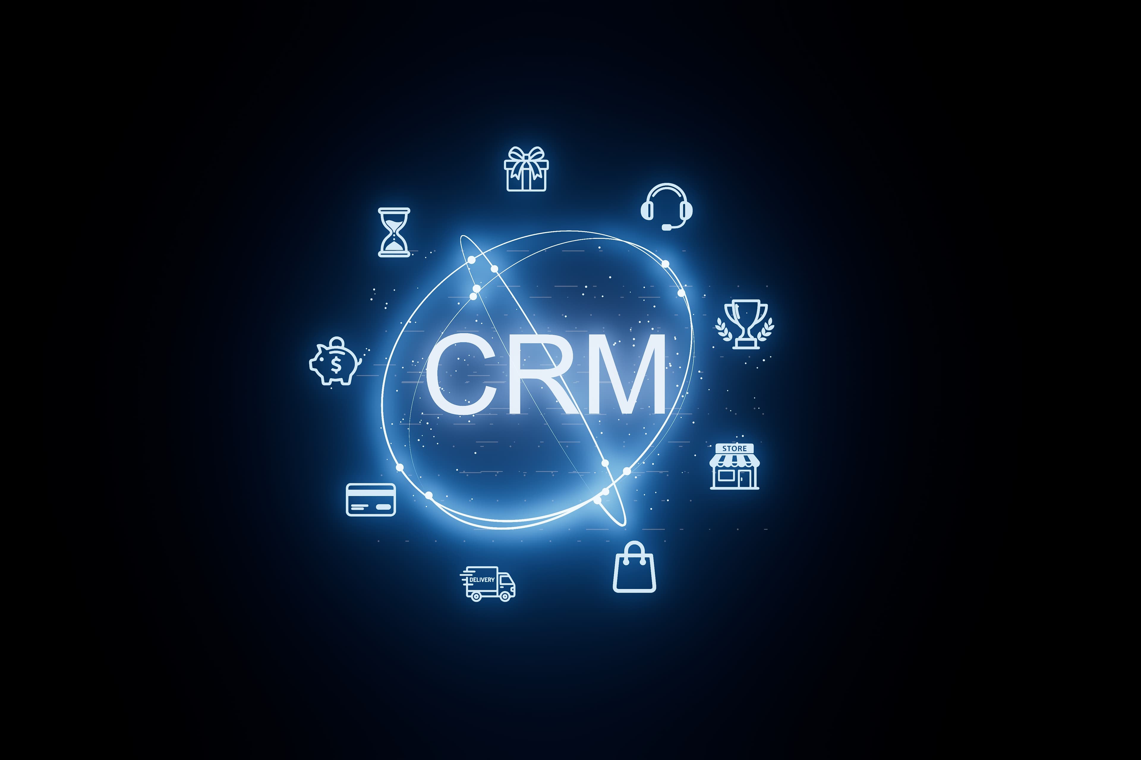 Dark CRM interface with glowing customer relationship and revenue operations icons