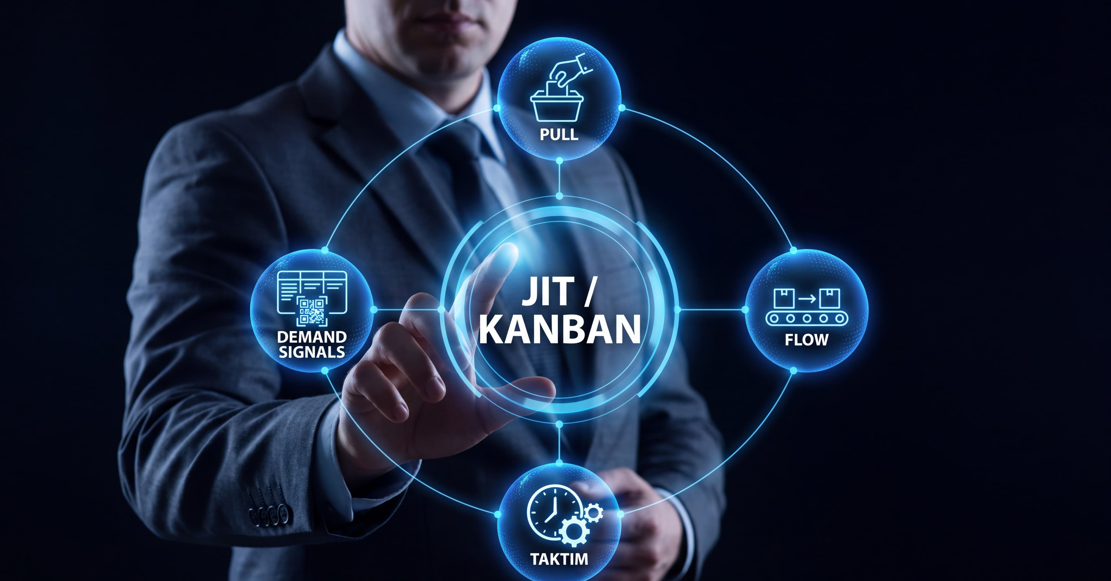 Business operator using a dark Kanban workflow interface for process control