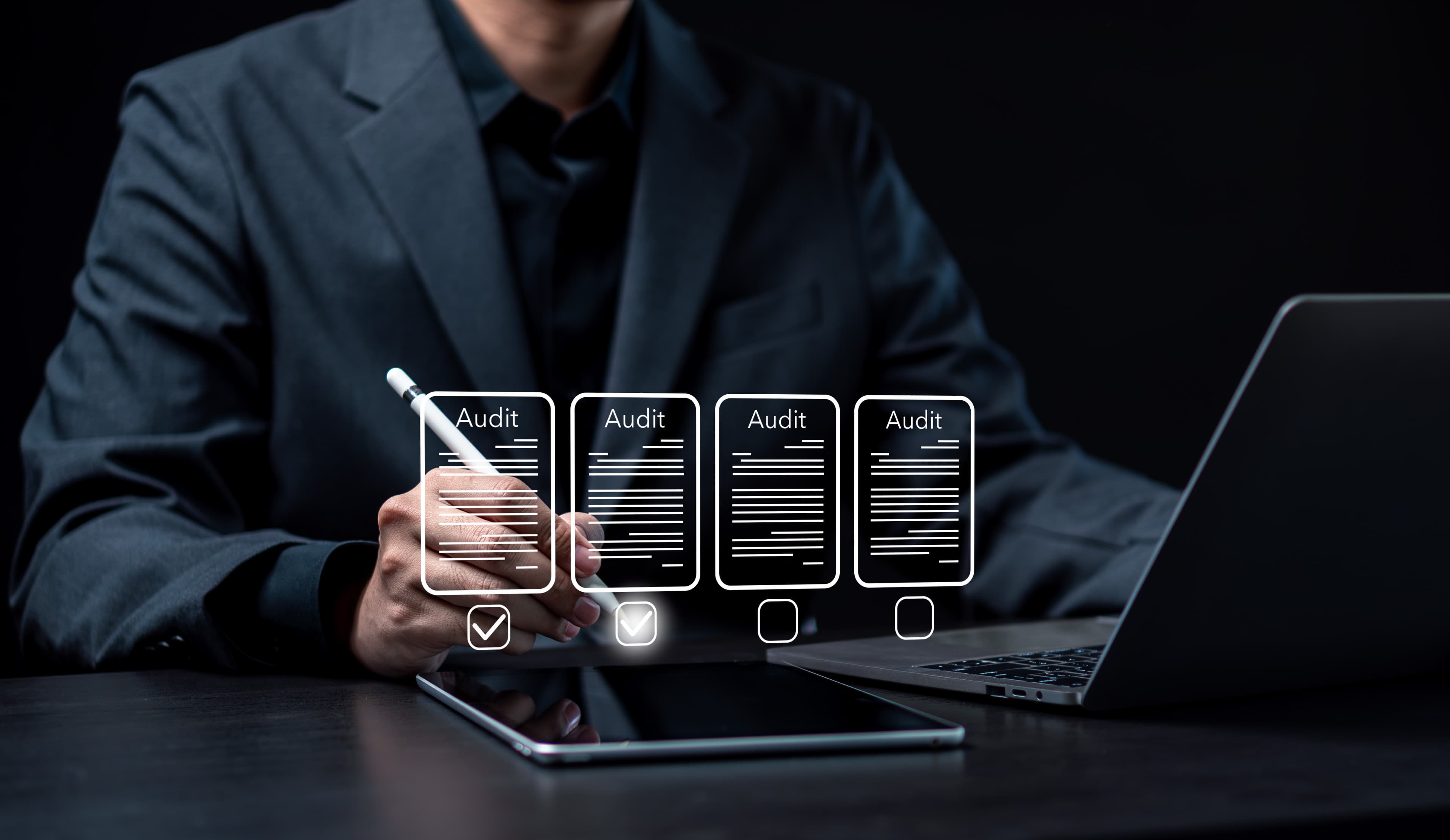 Dark digital audit checklist interface for readiness assessment